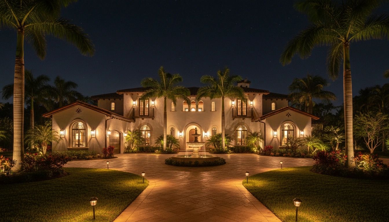 Luxury home with outdoor lighting at night